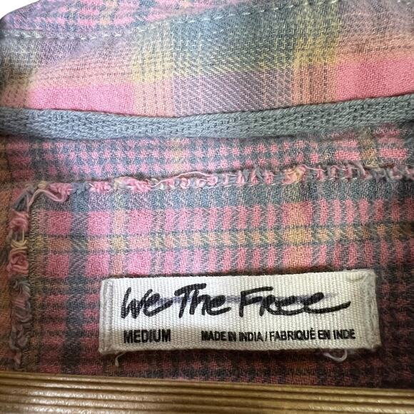 We The Free Plaid Oversized Top Size M Pink Collared 100% Cotton Grunge Boho - Picture 5 of 6